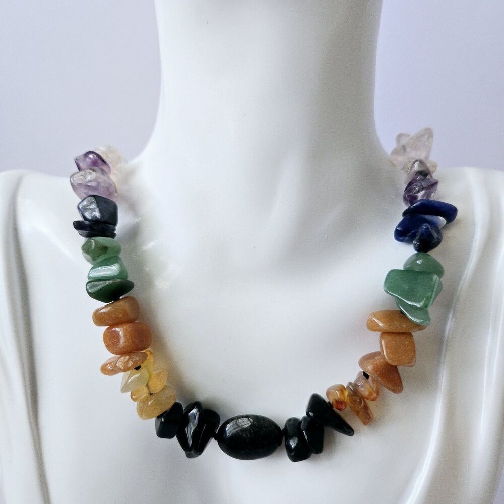 Chakra Rainbow Necklace Multicolor Polished Gemstones 18" Black Leather Cord